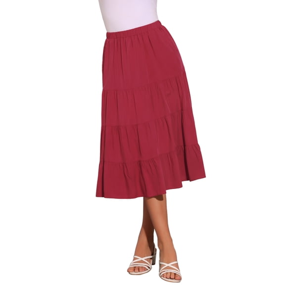 INSPIRE CHIC Women's Midi Skirts Solid Elastic Waist Flare A-Line Tiered Skirt with Pockets XL Red
