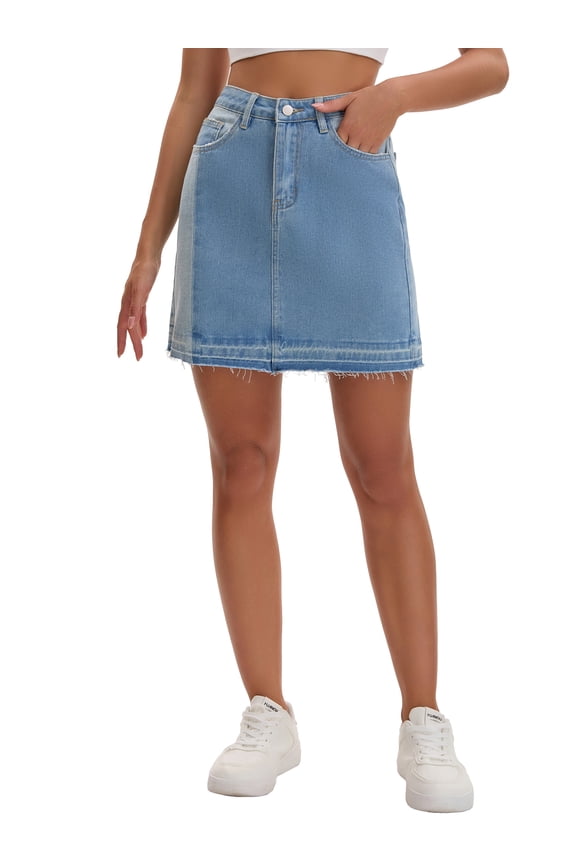 Women's Mini Denim Skirt Patchwork Color Block High Waisted A Line Short Jean Skirt 2XL Blue