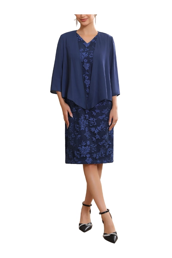 Women's Mother of Bride Dresses with Chiffon Shrug Gown Evening Sleeveless Embroidery Floral Dress Suit Sets S Dark Blue