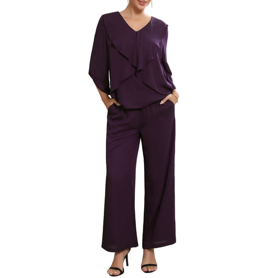 INSPIRE CHIC Women's Mother of Bride Sets Chiffon Ruffles V Neck Top Wide Legs Pantsuits Wedding Guest 2 Pieces Pants Suits 2XL Dark Purple