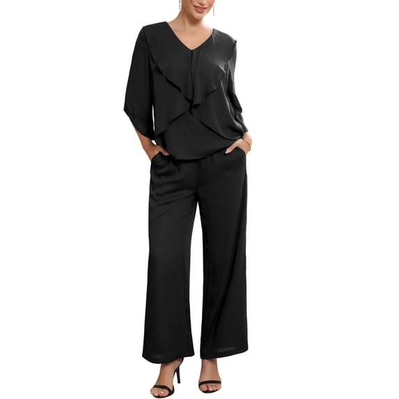 INSPIRE CHIC Women's Mother of Bride Sets Chiffon Ruffles V Neck Top Wide Legs Pantsuits Wedding Guest 2 Pieces Pants Suits M Black