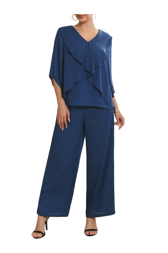 Women's Mother of Bride Sets Chiffon Ruffles V Neck Top Wide Legs Pantsuits Wedding Guest 2 Pieces Pants Suits S Dark Blue