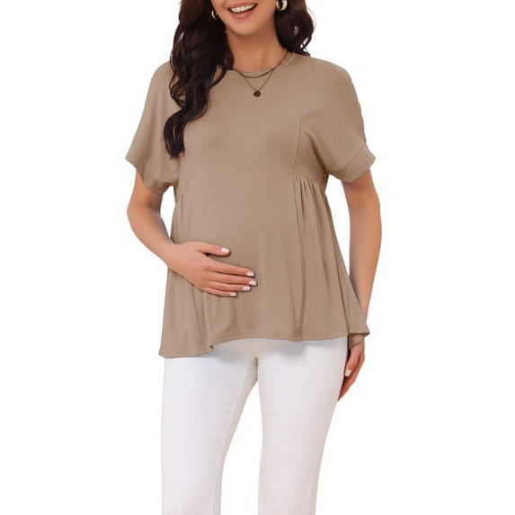 INSPIRE CHIC Women's Mother's Day Maternity Babydoll Top Short Sleeves Pleated Waist Pregnancy Tee Shirt Oversized Peplum Casual Loose Blouse XL Khaki