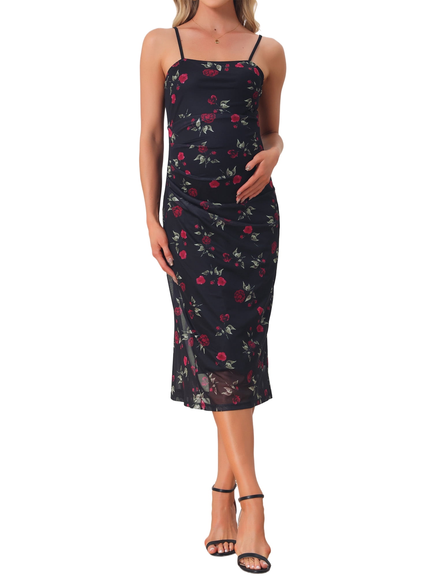 INSPIRE CHIC Women's Mother's Day Maternity Dress Mesh Ruched Side Bodycon Spaghetti  Strap Pregnancy Dresses for Wedding Guest Blue Floral L - Walmart.com