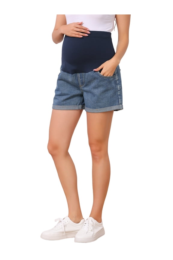 Women's Summer Lounge Workout Roll Hem with Pockets Maternity Pregnancy Denim Shorts Dark Blue XL