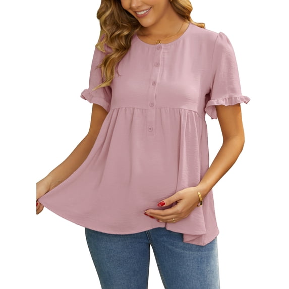 INSPIRE CHIC Women's Mother's Days Maternity Casual Round Neck Ruffle Sleeve Button T-Shirts Babydoll Loose Fit Peplum Tops XL Dark Pink