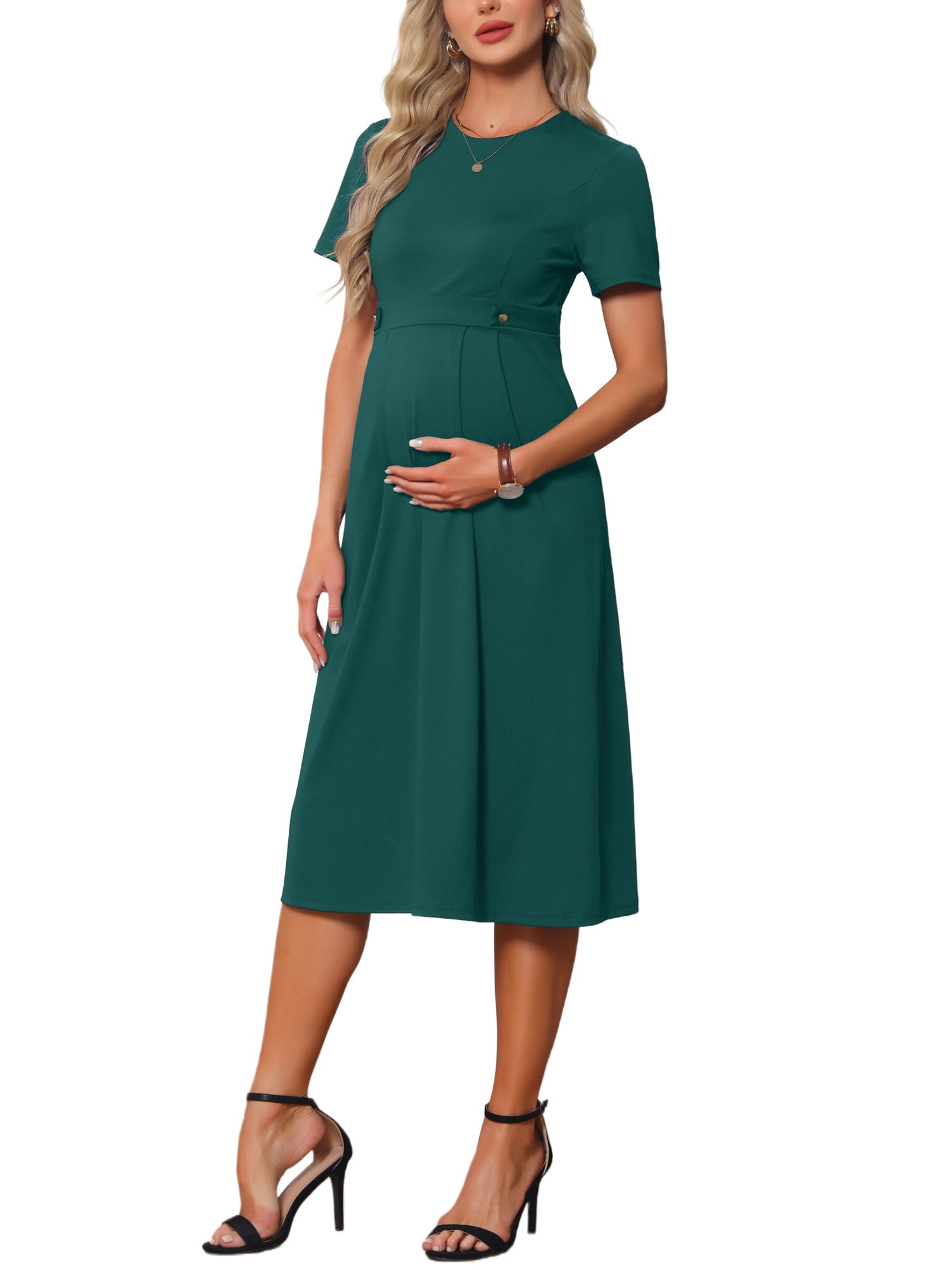 a line dress for pregnant women Inspire Chic Women's Maternity Crewneck Short Sleeves Stretchy Summer Office Work Midi Pregnancy Dresses XL Dark Green, Black Subtly woven through with size:20 The Dream Square-Neck Dress Color:Green（Pre-sale）