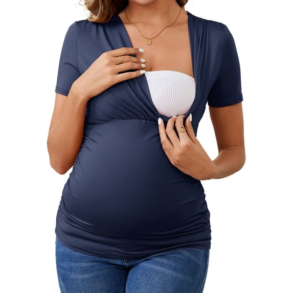 INSPIRE CHIC Women's Summer Nursing Blouse V Neck Short Sleeve Breastfeeding Pregnancy Tops Ruched T-Shirts M Navy
