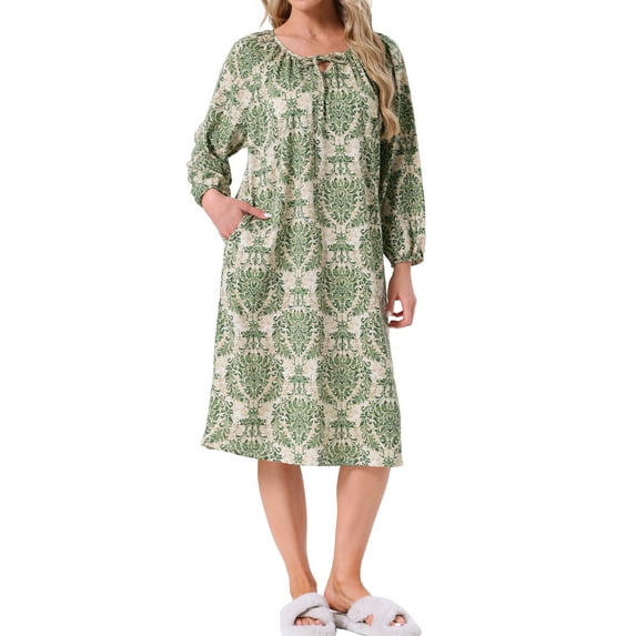 INSPIRE CHIC Women's Nightgown Long Sleeve Sleepwear Round Neck Tie Front Loungewear Nightshirt with Pocket S Green Floral