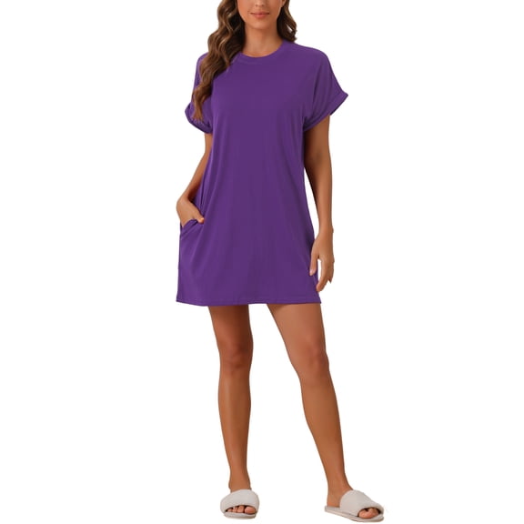 INSPIRE CHIC Women's Nightgown Sleep Dress Short Sleeve Crew Neck Soft Night Dress with Pockets M Purple