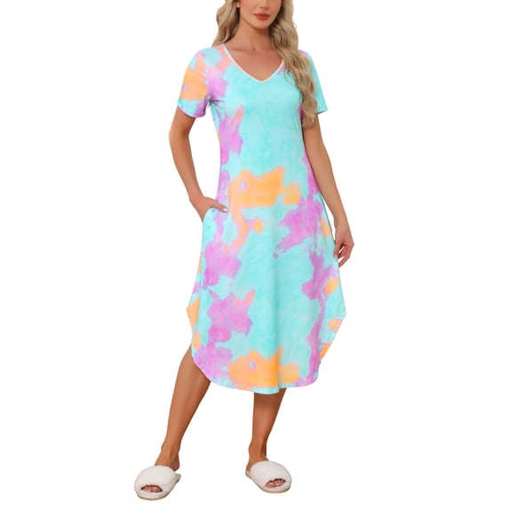 INSPIRE CHIC Women's Nightgown V Neck Short Sleeve Long Nightshirt Spring Summer Lounge Dress with Pocket M Colorful Tie Dye