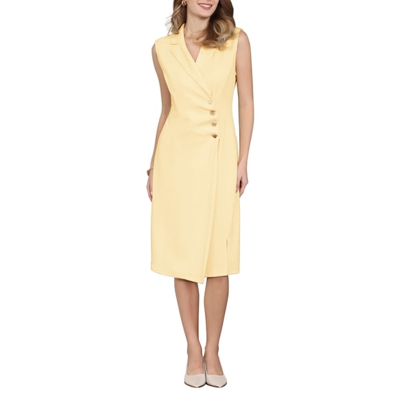 INSPIRE CHIC Women's Notch Lapel Wrap Neck Dress Sleeveless Slit Front Ruched Pencil Dresses S Yellow