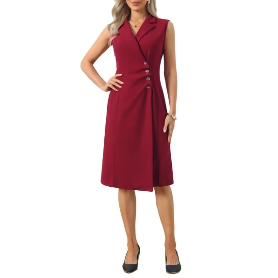 INSPIRE CHIC Women's Notch Lapel Wrap Neck Dress Sleeveless Slit Front Ruched Pencil Dresses XL Wine Red