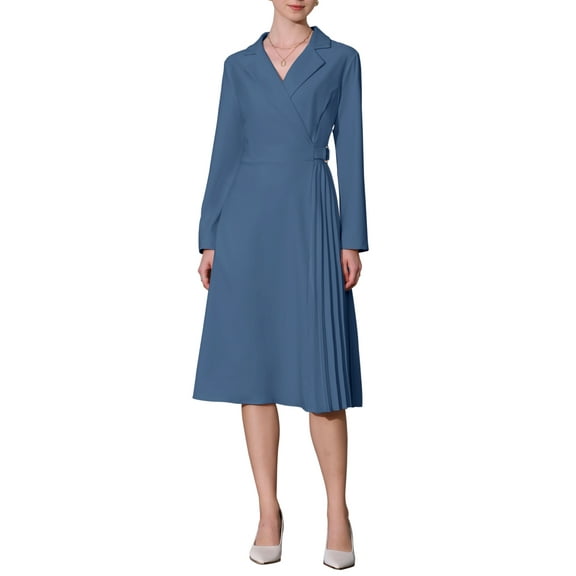 INSPIRE CHIC Women's Notch Lapel Wrap Neck Long Sleeve A-Line Midi Pleated Dress S Blue