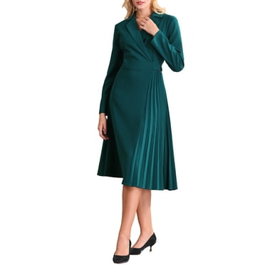 INSPIRE CHIC Women's Notch Lapel Wrap Neck Long Sleeve A-Line Midi Pleated Dress S Green Blue