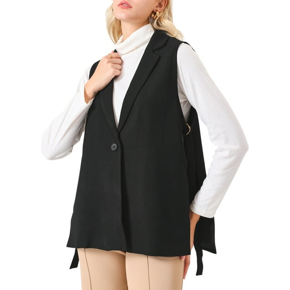 INSPIRE CHIC Women's Notched Lapel Collar Sleeveless One Button Adjustable Waist Work Suit Vest M Black