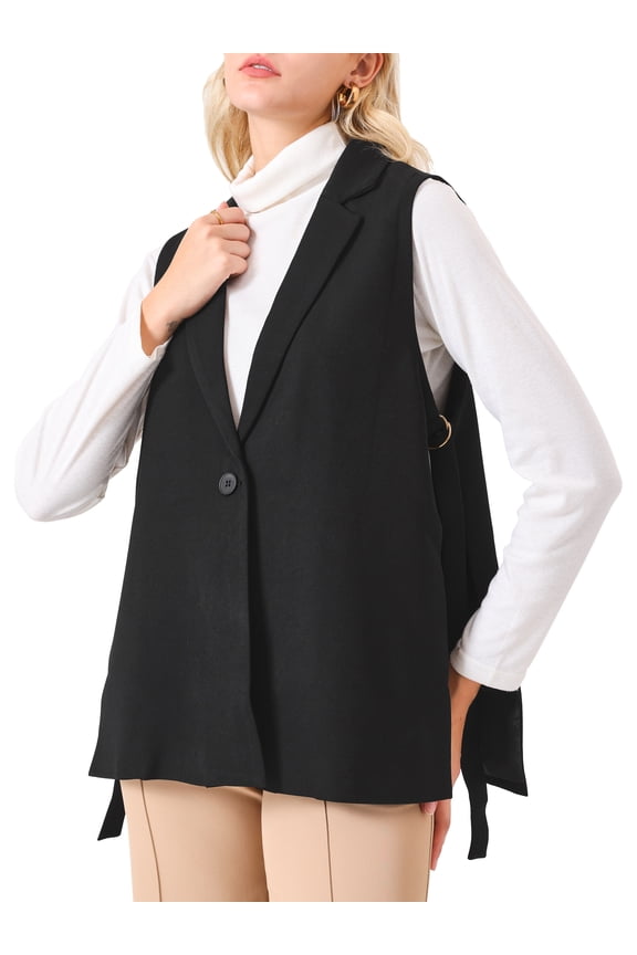 Women's Notched Lapel Collar Sleeveless One Button Adjustable Waist Work Suit Vest M Black