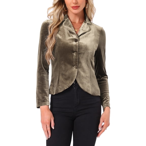 INSPIRE CHIC Women's Notched Lapel Long Sleeve Button Velvet Blazer M Taupe