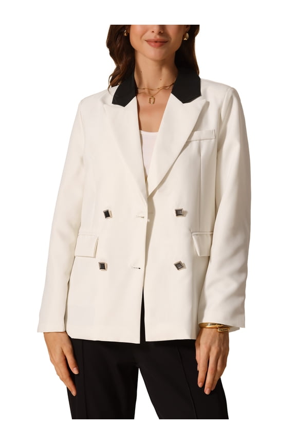 Women's Notched Lapel One Button Long Sleeve Jacket M White