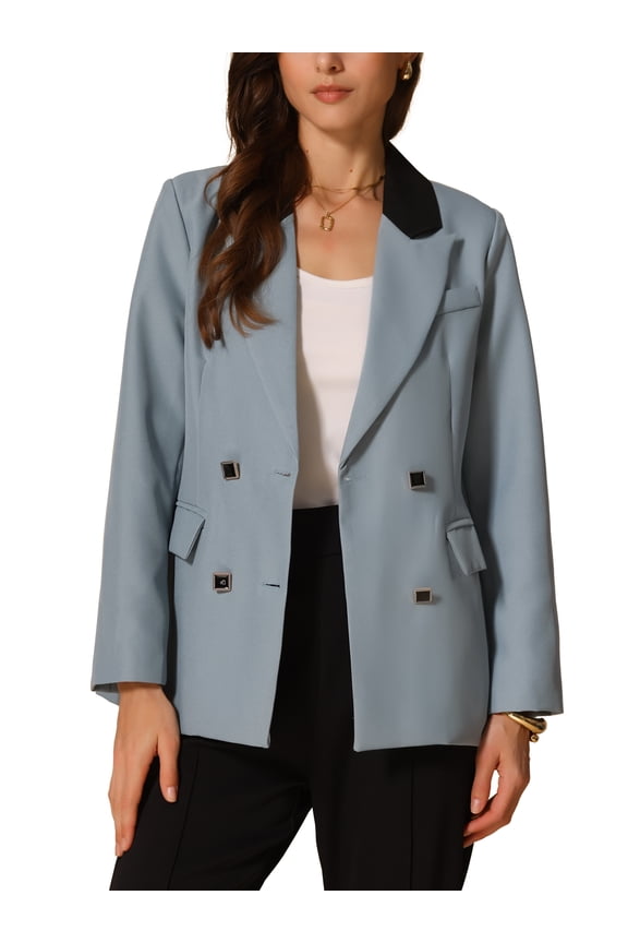 Women's Notched Lapel One Button Long Sleeve Jacket S Blue