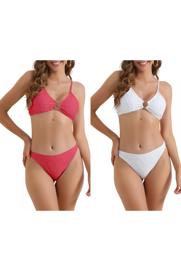 Women's O Ring Ribbed Bikini Sets, 2 Piece High Waist Adjustable Spaghetti Straps Swimsuit 2 Sets Medium White, Rose Red