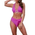 thumbnail image 1 of INSPIRE CHIC Women's O Ring Seashell Pendants Ribbed Bikini Sets 2 Piece Halter Top Triangle Bottoms Swimwear Bathing Suits Small Rose Red, 1 of 5
