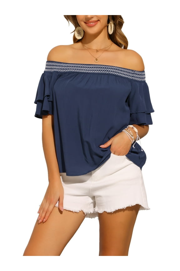 Women's Off Shoulder Tops Ruffles Sleeves Smocked Summer Beach Boho Casual Blouses M Dark Blue