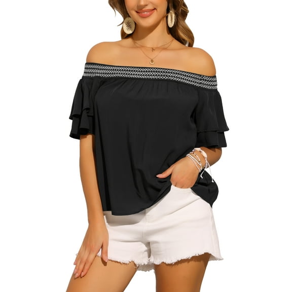 INSPIRE CHIC Women's Off Shoulder Tops Ruffles Sleeves Smocked Summer Beach Boho Casual Blouses XS Black
