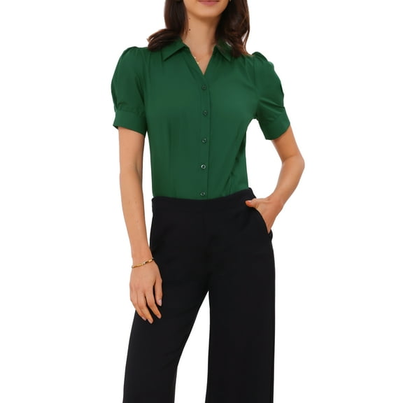 INSPIRE CHIC Women's Button Up Bodysuit One-Piece Short Sleeve Work Shirt Blouse S Dark Green
