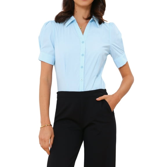 INSPIRE CHIC Women's Button Up Bodysuit One-Piece Short Sleeve Work Shirt Blouse S Sky Blue