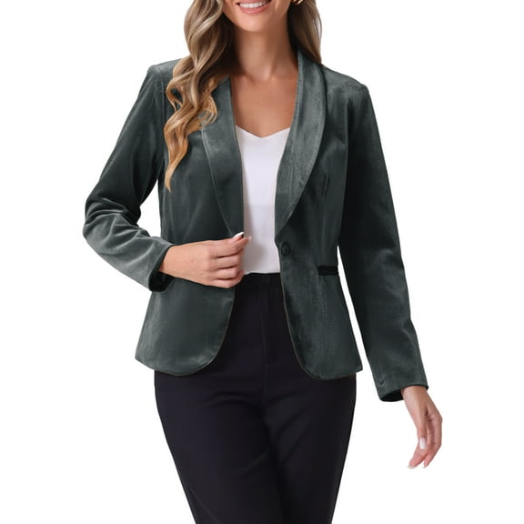 INSPIRE CHIC Women's Velvet Blazer Solid Color Shawl Collar One Button Wear-to-Work Suit Jacket L Dark Grey