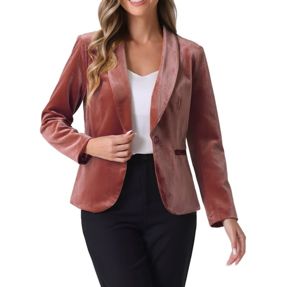 INSPIRE CHIC Women's Velvet Blazer Solid Color Shawl Collar One Button Wear-to-Work Suit Jacket XL Red Brown