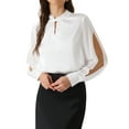 thumbnail image 1 of INSPIRE CHIC Women's Office Satin Blouse Keyhole Neck Long SlitSleeve Chiffon Tops XS White, 1 of 6