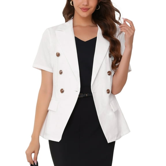 INSPIRE CHIC Easter Women's Office Short Sleeve Turndown Collar Double Breasted Flap Pockets Blazer L White
