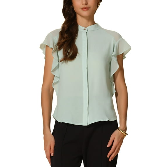 INSPIRE CHIC Women's Office Stand Collar Ruffle Sleeve Front Button Down Shirts XS Green
