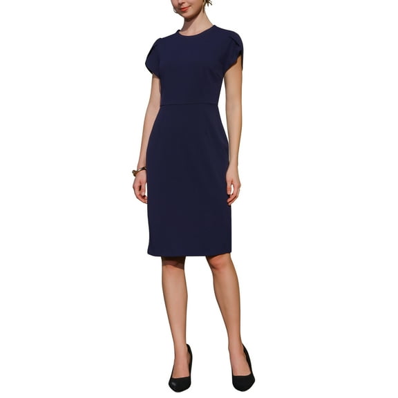 Women's Formal Work Pencil Dress Petal Sleeve 2025 Spring Trendy Knee Length Sheath Dresses S Navy Blue
