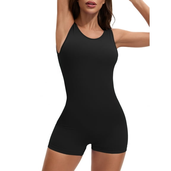 INSPIRE CHIC Women's Workout Jumpsuits Backless Tummy Control Jumpsuits V Back Yoga Romper L Black