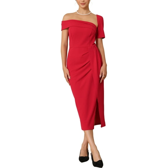 INSPIRE CHIC Women's One Shoulder Dress Cocktail Ruched Split Hem Wedding Guest Formal Dresses 2XL Red