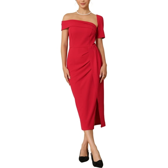 INSPIRE CHIC Women's One Shoulder Dress Cocktail Ruched Split Hem Wedding Guest Formal Dresses M Red