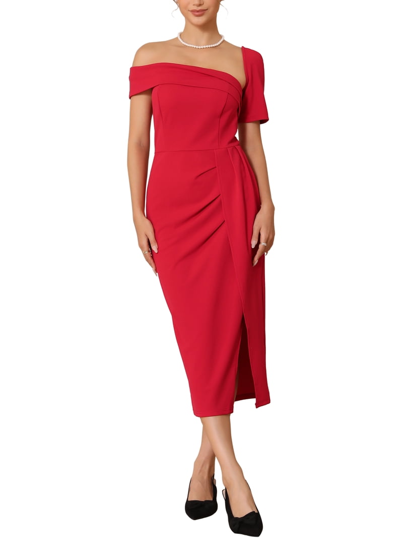 sachin and babi light blue dress Inspire Chic Women's One Shoulder Dress Cocktail Ruched Split Hem Wedding Guest Formal Dresses S Red, Size: Small