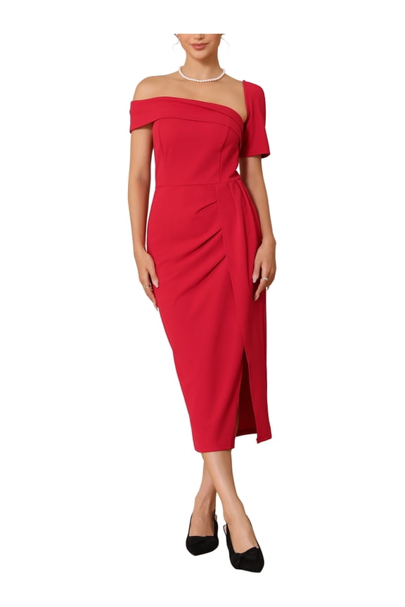 Women's One Shoulder Dress Cocktail Ruched Split Hem Wedding Guest Formal Dresses S Red