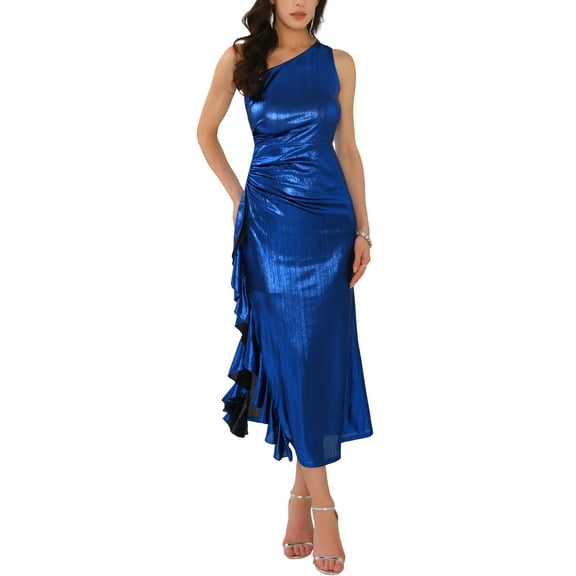 INSPIRE CHIC Women's One Shoulder Dress Sparkly Ruched Ruffle Bodycon Cocktail Dress XL Blue