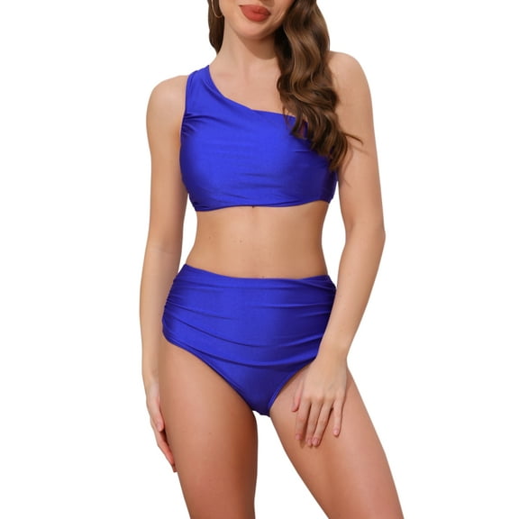 INSPIRE CHIC Women's One Shoulder Elegant Bikini Sets, 2 Piece Push Up Top Tummy Control Bottom Swimwear Bathing Suits Large Royal Blue