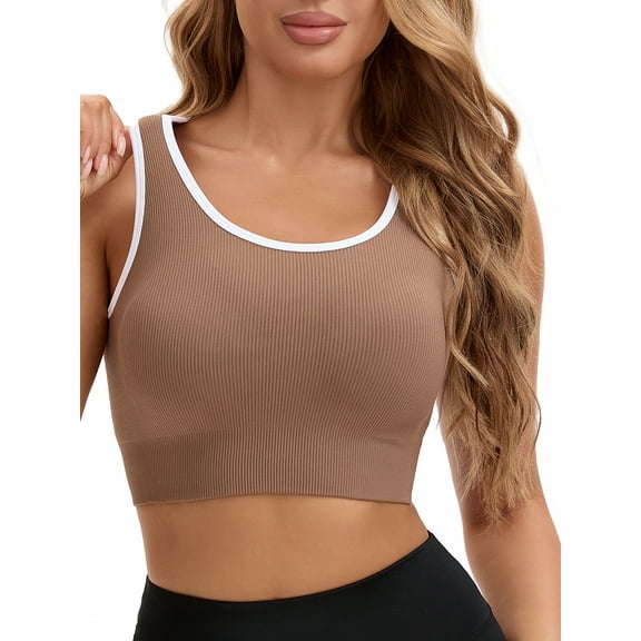 INSPIRE CHIC Women's Open Back Workout Tank with Built-In Bras Constrast Color Crop Sports Vest Brown S