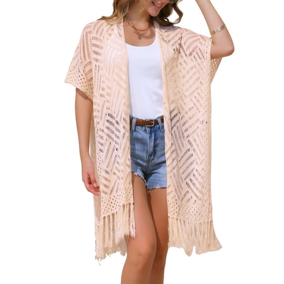 INSPIRE CHIC Women's Open Front Boho Lightweight Fringe Kimono Beach Knit Cardigans M Beige