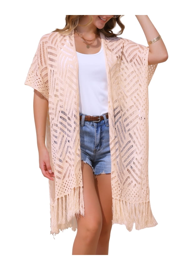 Women's Open Front Boho Lightweight Fringe Kimono Beach Knit Cardigans M Beige