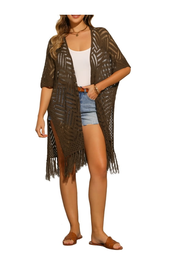 Women's Open Front Boho Lightweight Fringe Kimono Beach Knit Cardigans M Brown