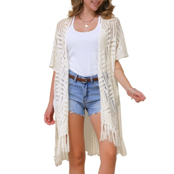 INSPIRE CHIC Women's Open Front Boho Lightweight Fringe Kimono Beach Knit Cardigans M White