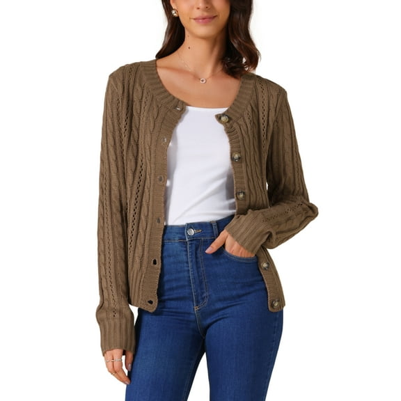 INSPIRE CHIC Women's Open Front Cardigan Sweaters Button Down Cable Knit Long Sleeve Fall Outerwear Coats S Brown