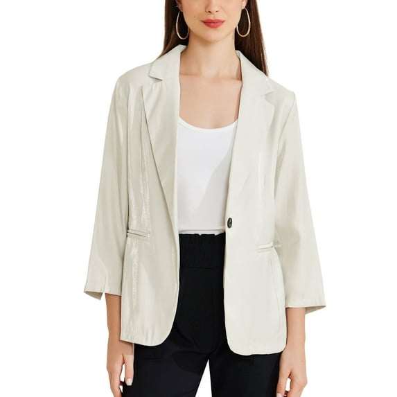 INSPIRE CHIC Women's Open Front Lapel Button Casual Shiny Blazer Office Jacket White S